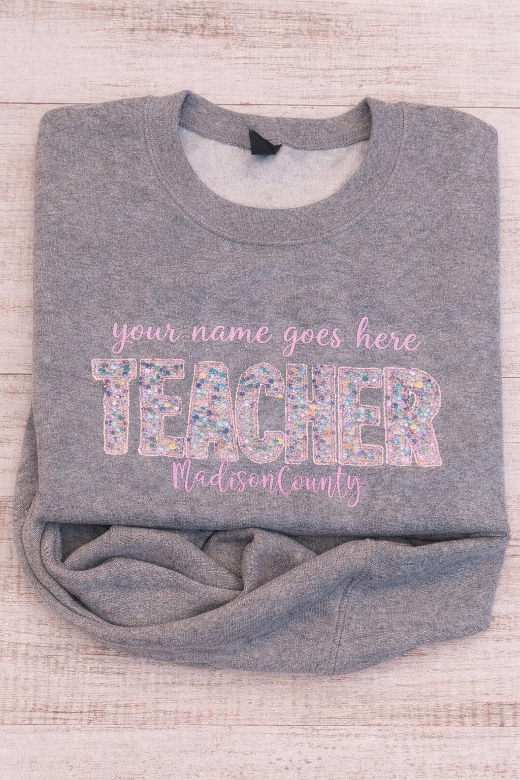 Teacher Sequin Embroidered Crew Neck